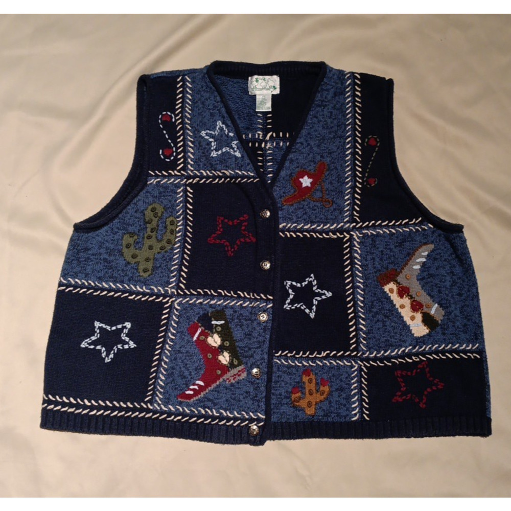 Quacker Factory Button Up Vest 2X Western Boots Patchwork Hong Kong Grandma Vtg